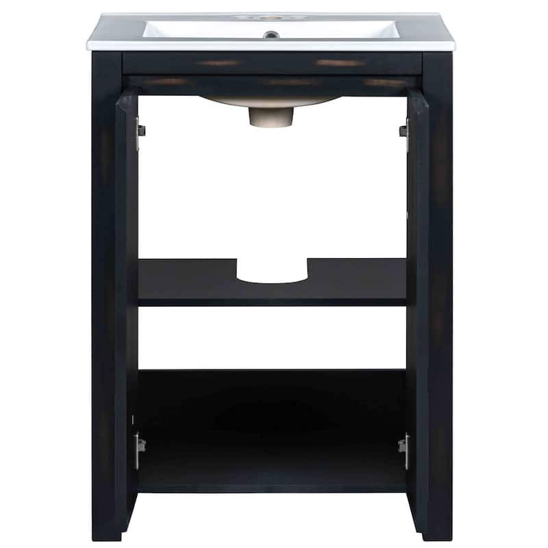 24" Small Bathroom Vanity with Ceramic Sink, Solid Wood Frame Bathroom Storage Cabinet