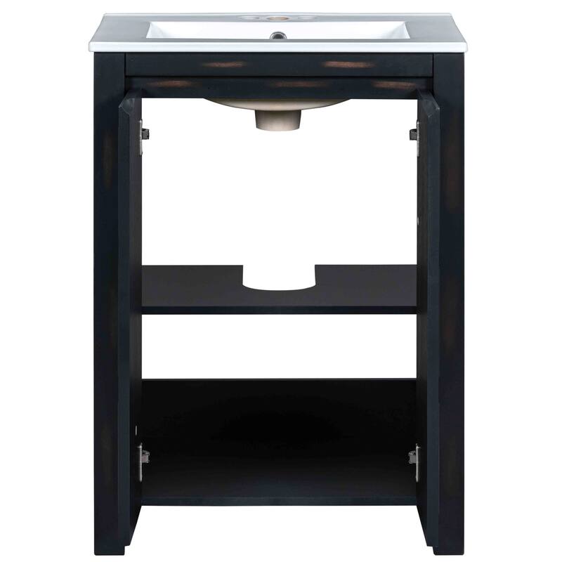 Freestanding Bathroom Vanity Set of 2, Weathered Texture Storage Cabinets with Ceramic Sinks, Storage Shelf and Soft Close Doors
