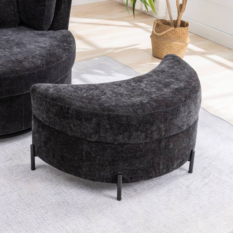 32.7" W Upholstered Half Moon Storage Ottoman Footrest Footstool - Black/Chenille