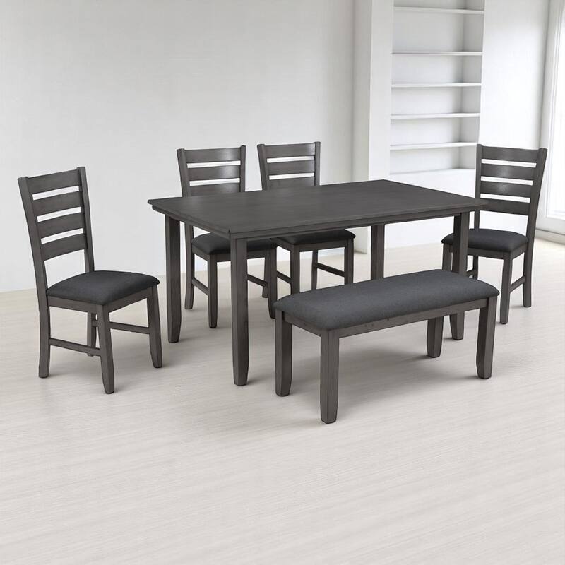 6-Piece Dining Set for 6, Rustic Wood Dining Table with 4 Chairs and Bench, Upholstered Seats for Kitchen or Dining Room