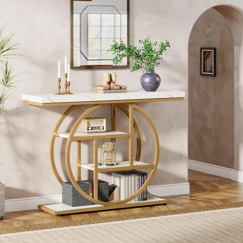 41.3" Console Table, Industrial 4-Tier Entryway Table with Circle Base - 41.3" W x 11.8" D x 31.5" H