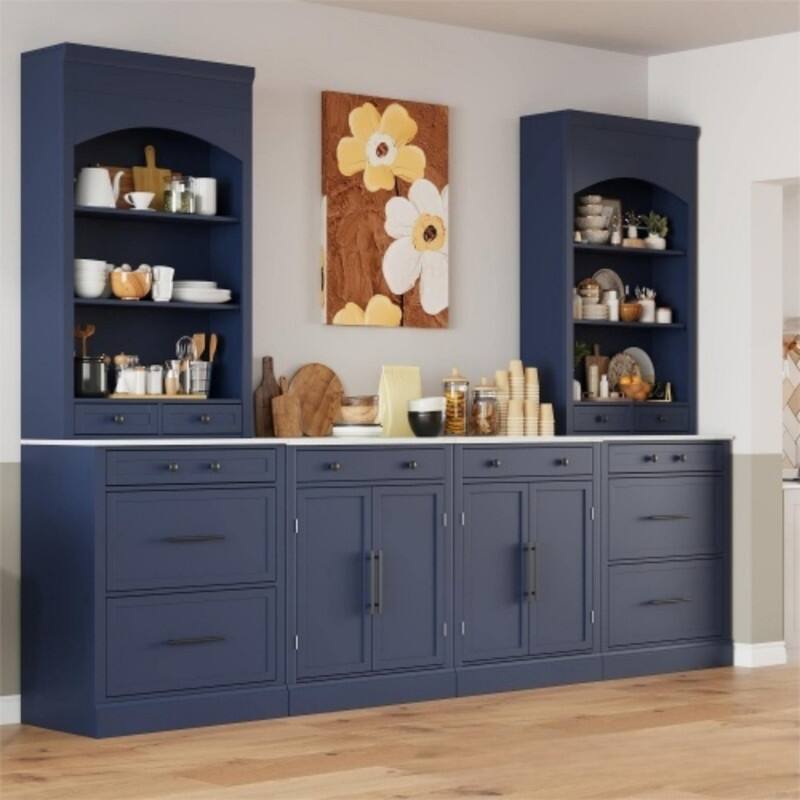 High Kitchen Pantry, Tall Kitchen Hutch, Display Cupboard Cabinet with Adjustable Shelf - Blue+Set of 4