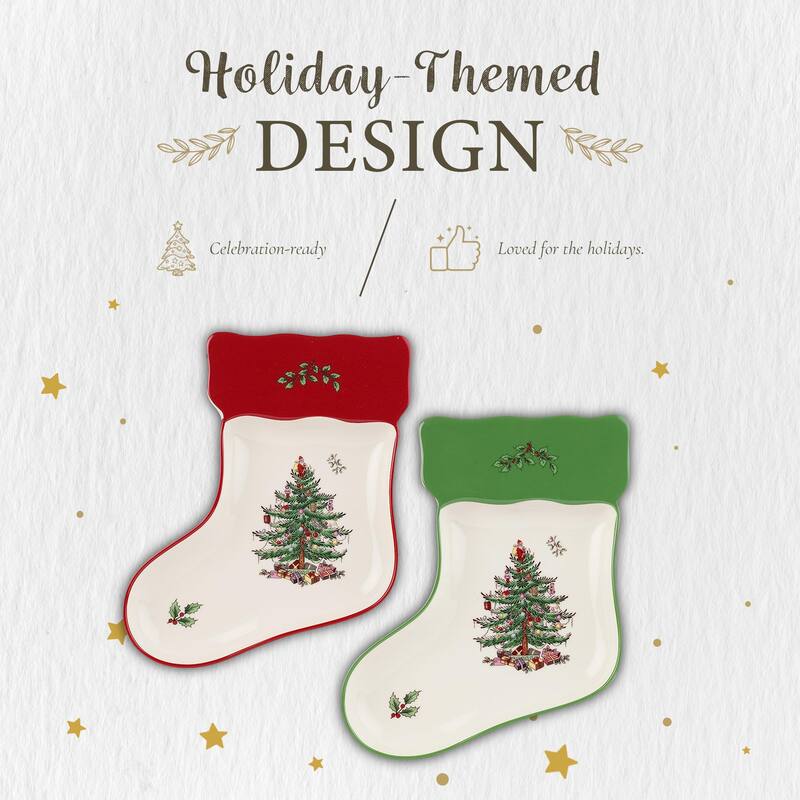Spode Set of 2 Christmas Tree Stocking Dishes - 7" L x 5.5" W