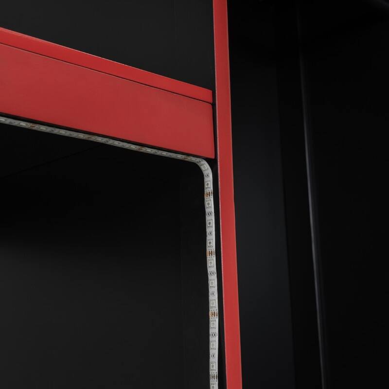 Twin/Full Size Gaming Bed with Built-in Desk & LED Light, E-Sports Style Wood Loft Bed with Open Wardrobe & Drawer