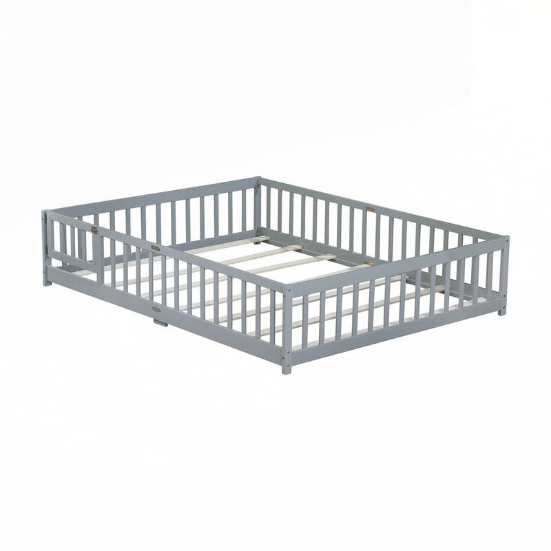 Rubber Wood Floor Bed with Safety Guardrails