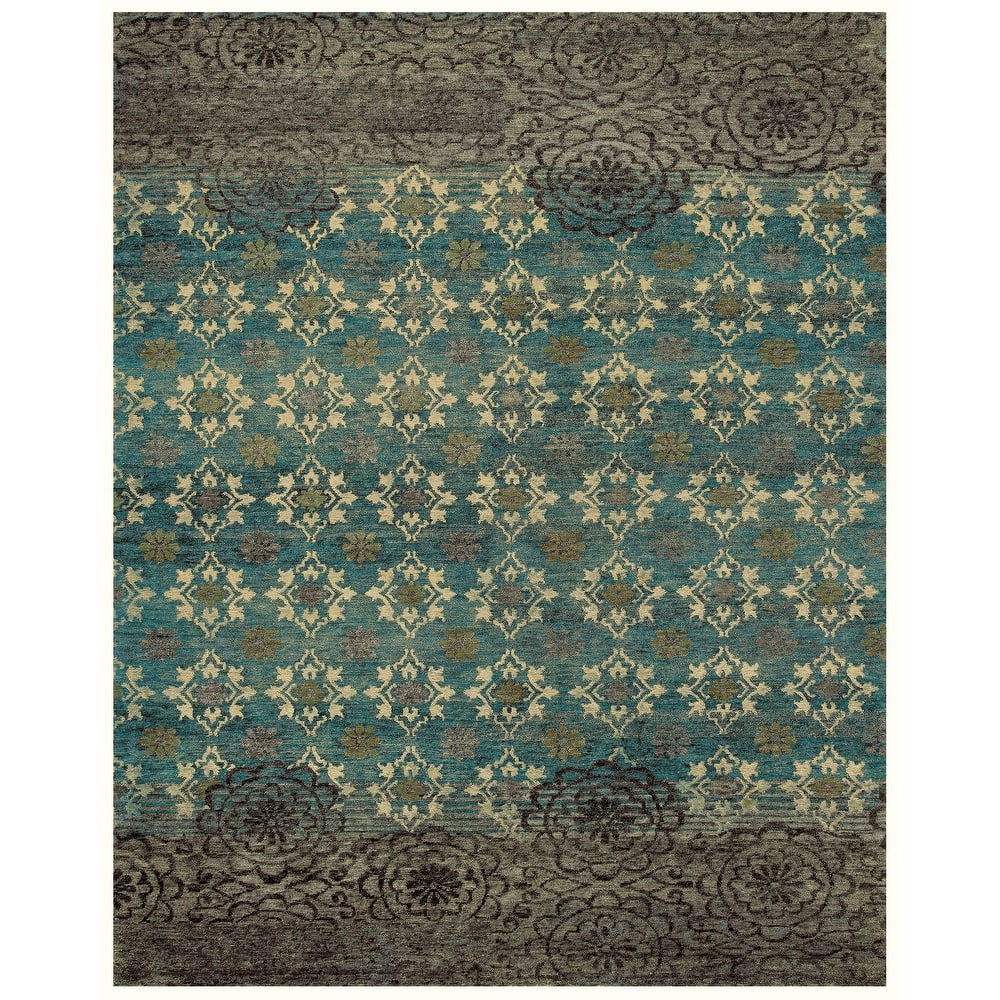 Timeo Hand Knot Oriental Area Rug, Teal Green/Coffee Brown
