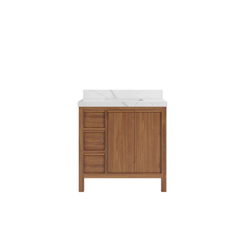 Willow Collections 36 in. W x 22 in. D Elizabeth Solid Teak Wood Center Sink Bathroom Vanity with Countertop - 2”Calacatta Laza - Dark Natural