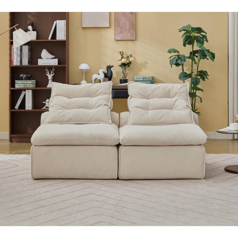 Corduroy Modular Sofa with Lumbar Pillow, 2 Seater Armless Upholstered Sofa Chair, Lounge Couch Chair for Small Spaces