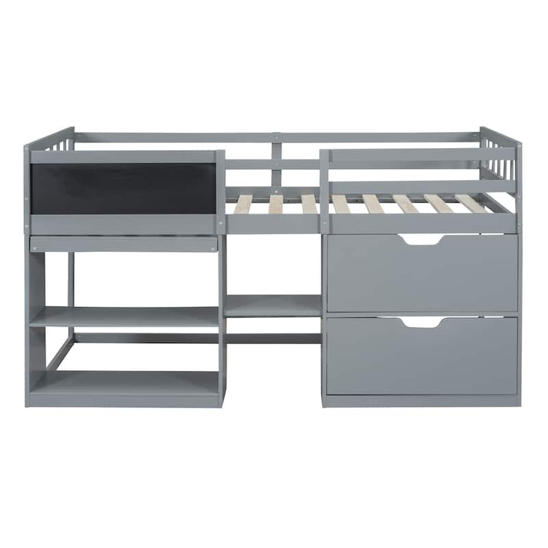 Gray Twin Size Low Loft Bed with Rolling Desk and Storage Drawers