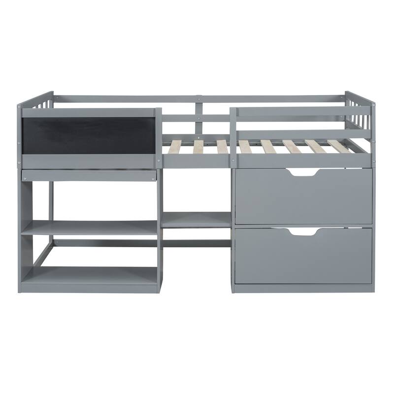 Twin Size Low Loft Bed, Multi-Functional Loft Bed w/Rolling Desk, Blackboard & Drawers, Solid Wood Loftbed Bedframe w/Guardrail