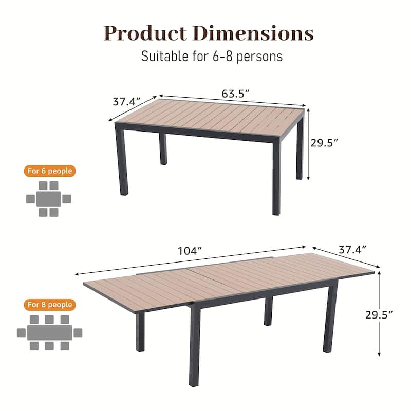 Outdoor Patio Dining Sets with PE Wicker Chairs and Extendable Aluminum Dining Table for 8 Persons