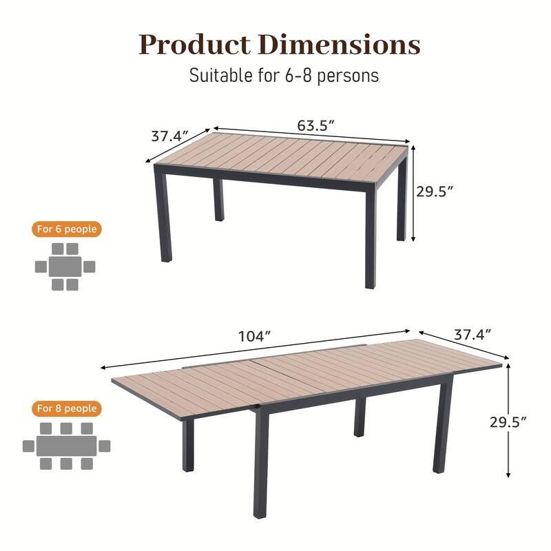 Outdoor Patio Dining Sets with Rattan Chairs and Aluminum Extendable Dining Table for 8 Persons