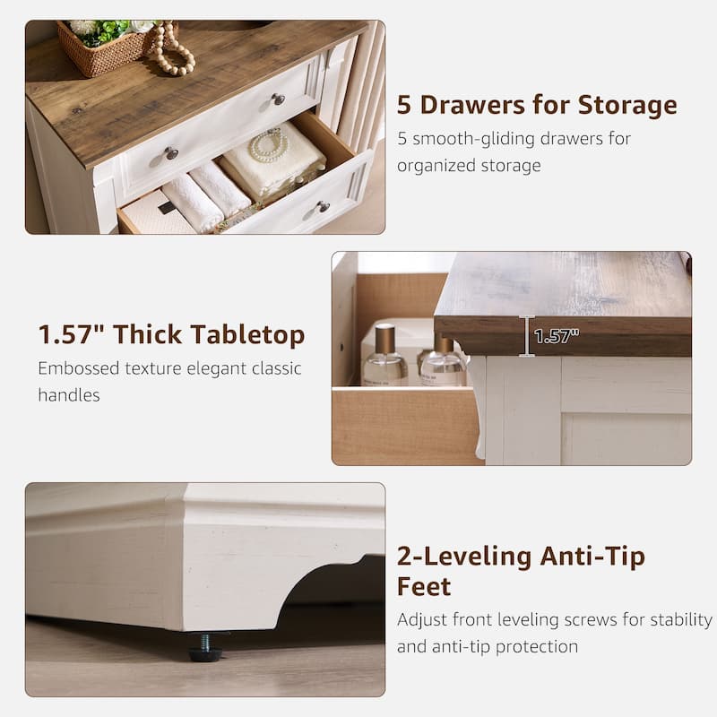 Farmhouse 5 Drawers Dresser, Wood Rustic Chest of Drawers for Bedroom