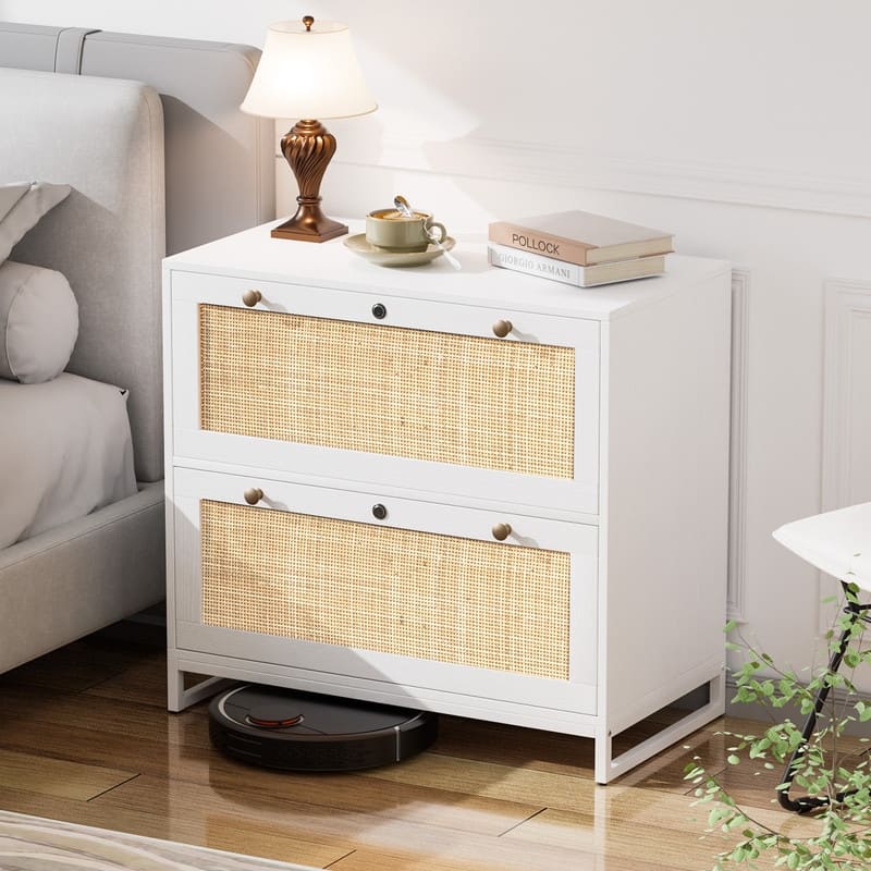 File Cabinet Lateral 2-Drawer Wood Rattan with Lock for Home Office