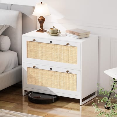File Cabinet Lateral 2-Drawer Wood Rattan with Lock for Home Office