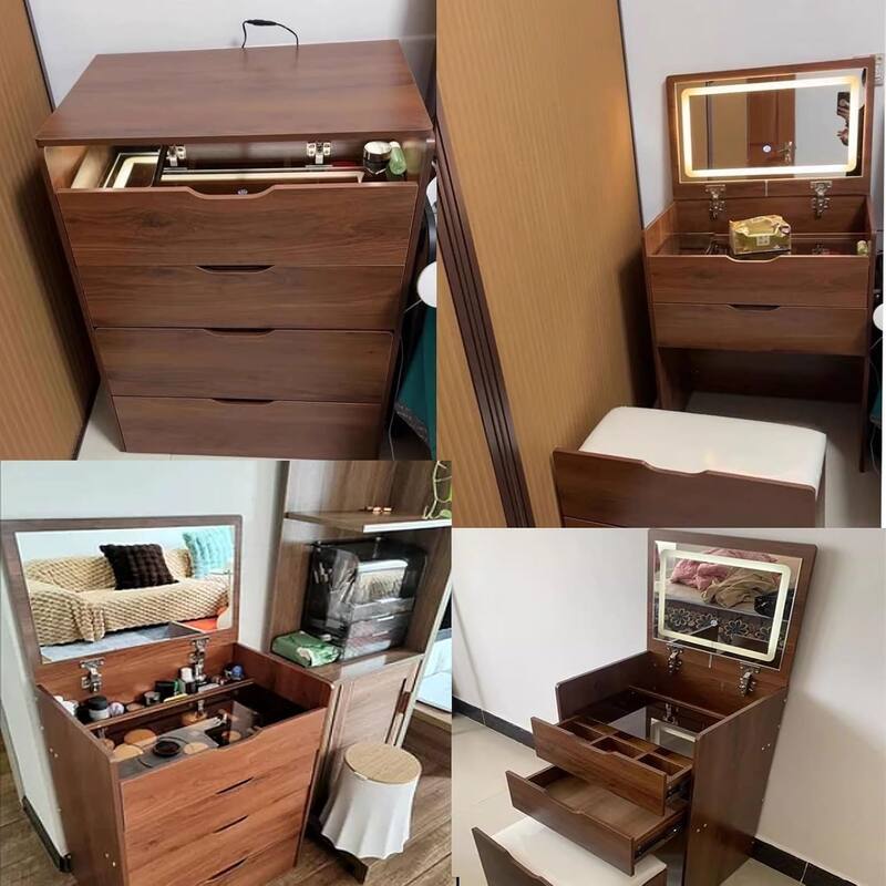 3-in-1 Small Makeup Table Set with Glass Top 3 Drawers, Stool