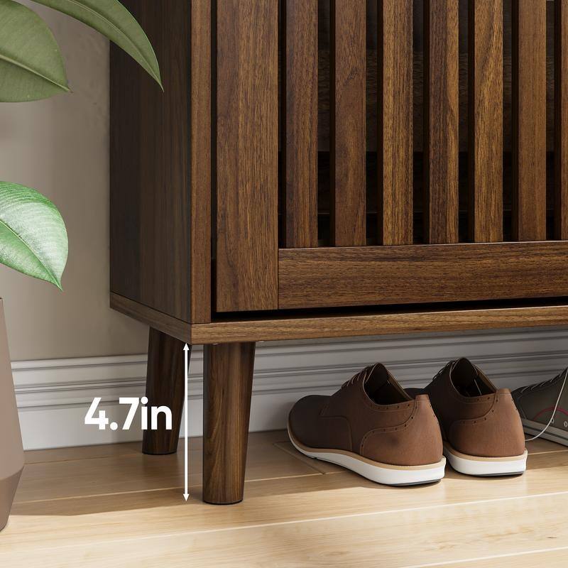 31.5"W Walnut Grille Striped Shoe Cabinet, 18 Pair Shoe Storage Cabinet W/2 Flip-Top Drawer - N/A