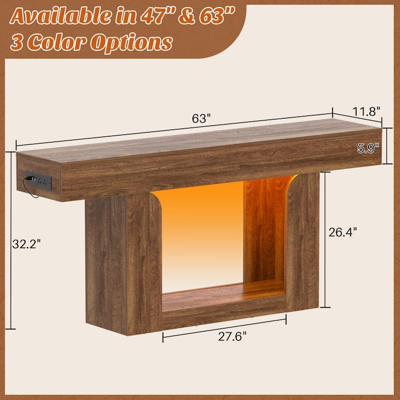 63'' W Farmhouse Console Table with Chaging Station, Thick Sofa/ Entryway Table with Storage Shlef