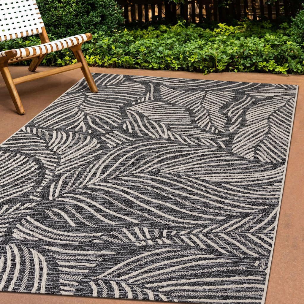 Jocelyn Collection - Grey/Cream Neutral Leaves Indoor/Outdoor Area Rug