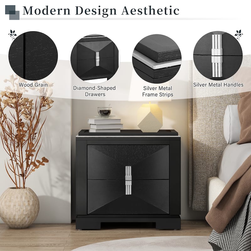 Mid-Century Modern Nightstand for Bedroom, 2 Drawers Sofa Side Table, Wooden Diamond Shaped Bedside Table - Black