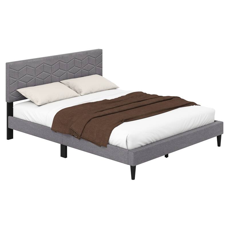 Grey Upholstered Bed Frame with Linen Headboard and Low-Profile Design Box-Spring-Free Setup