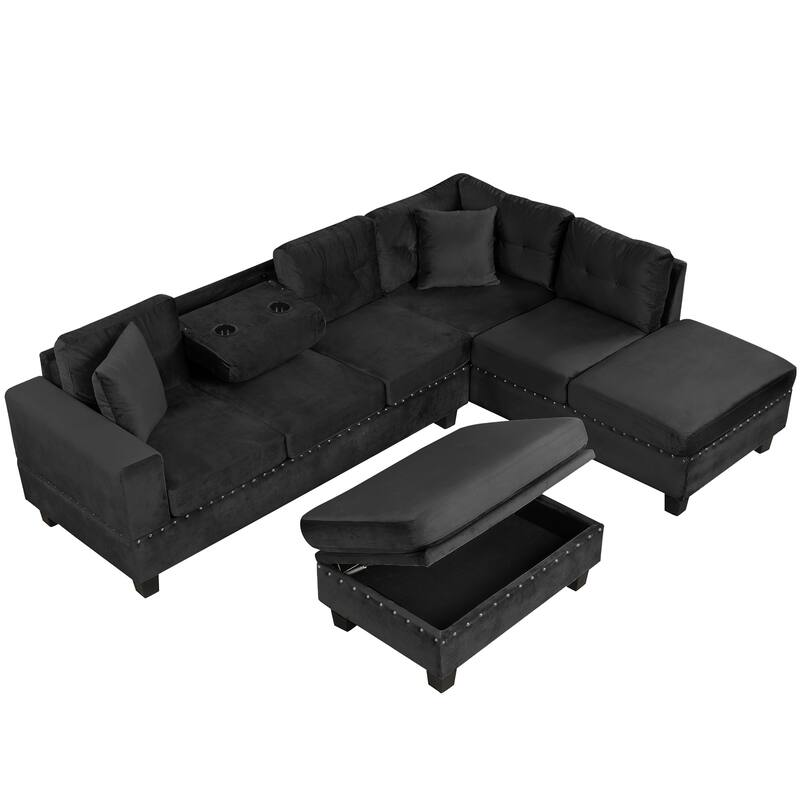 105" L-Shape Sofa with Storage Ottoman, 2 Pillows, Cup Holders, Reversible Chaise, Black Velvet, Living Room
