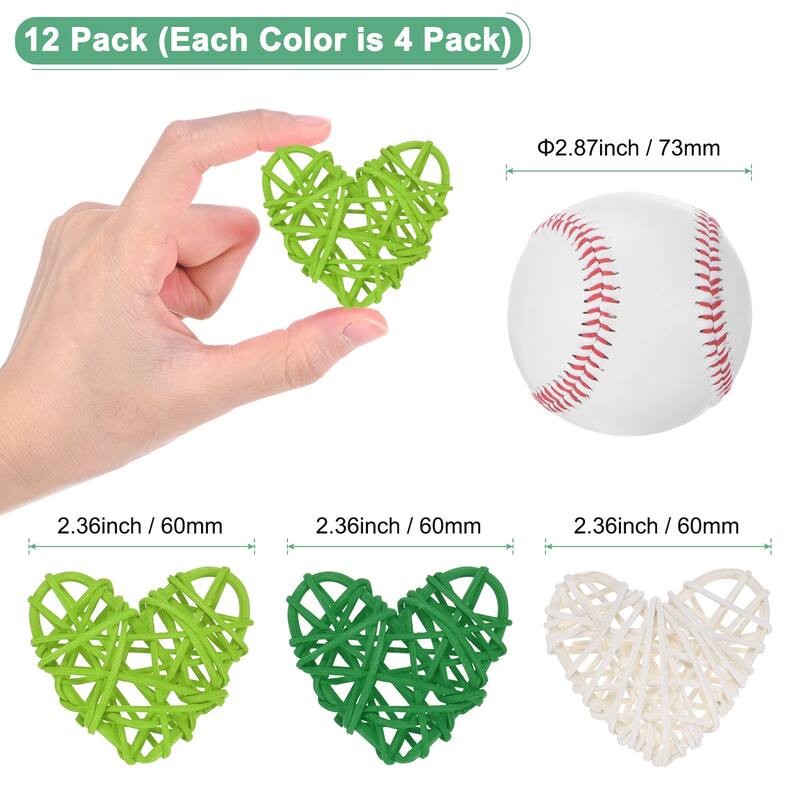 12-Pack Heart Wicker Rattan Balls 2.4Inch for DIY - Dark Green, Light Green, White