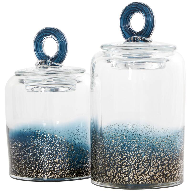 Brown or Blue Glass Handmade Decorative Jars with Gold Flake Details and Ring Lids (Set of 2)