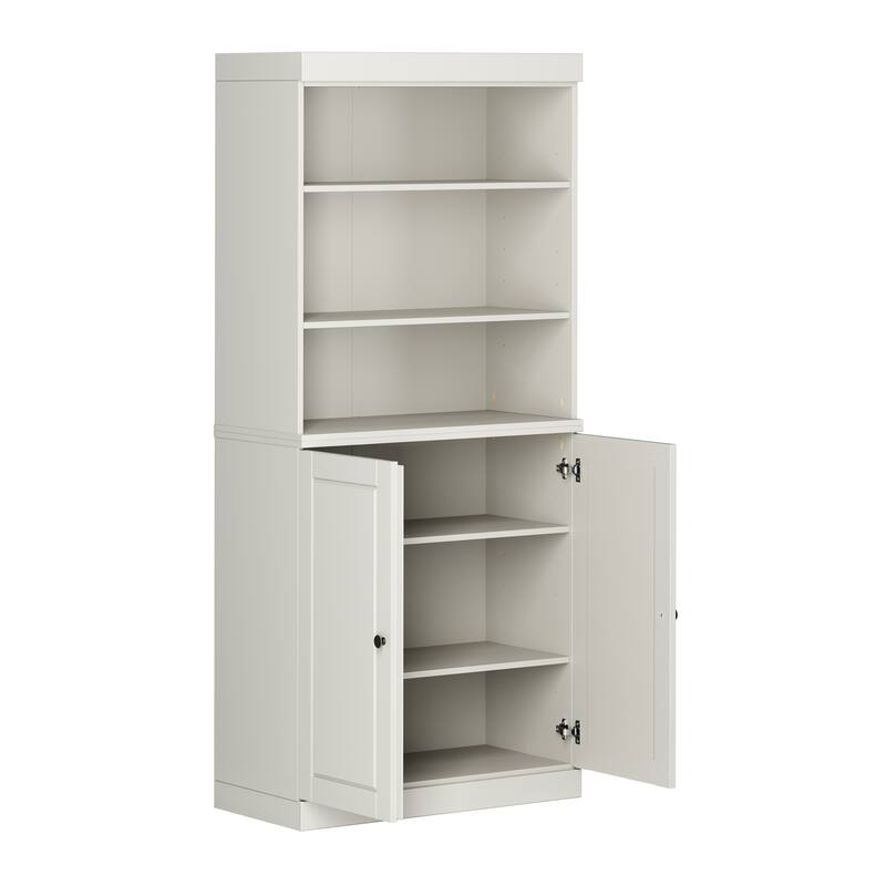 Solid Wood Tall Bookcase with Doors, Adjustable Shelves, Modular Storage, Open Display Bookshelf, 32" W x 71.5" H