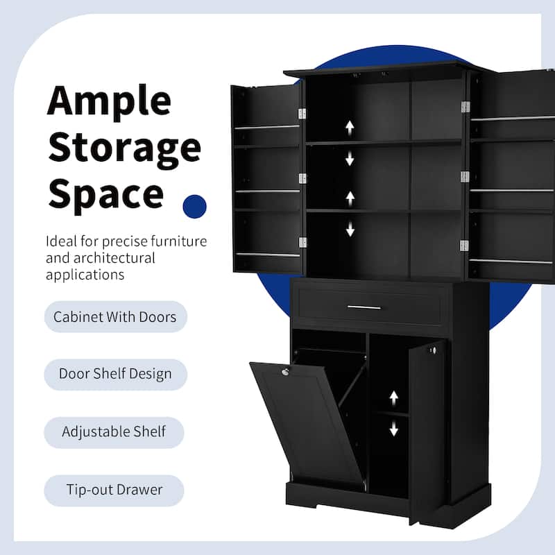Freestanding Bathroom Storage Cabinet with Tilt-Out Laundry Hamper, Adjustable Shelf, Drawer & Door Storage, Black MDF