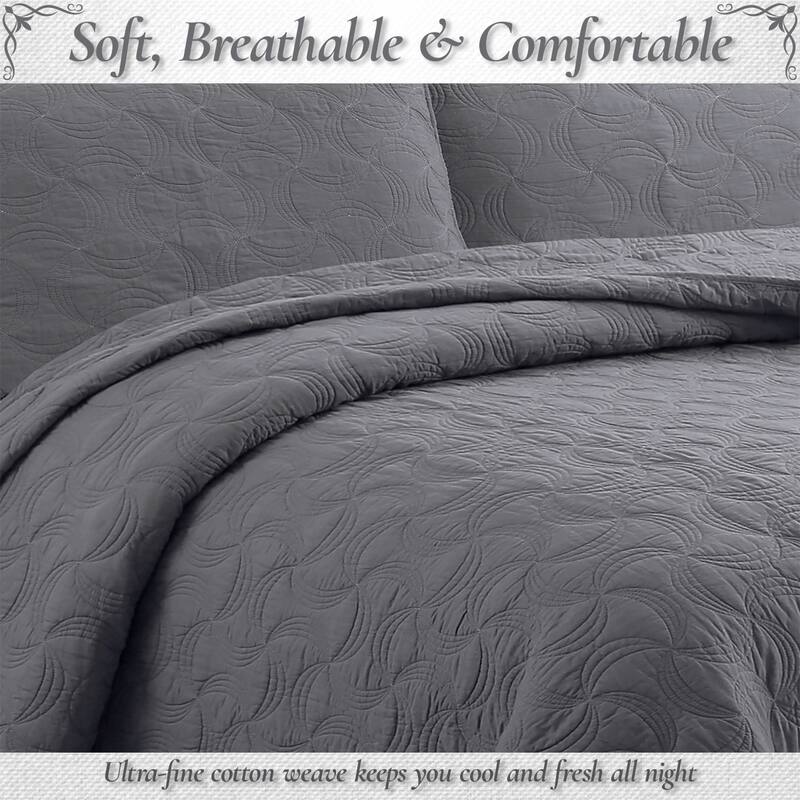 Cozy Line Solid Gray Spiral Swirl Pinwheel 3 Piece Cotton Quilt Bedding Set