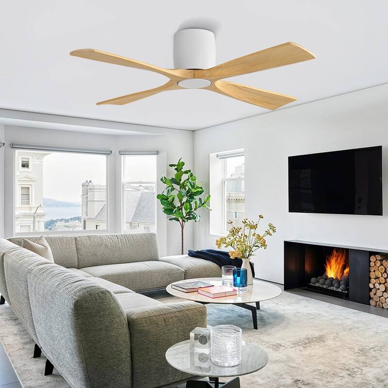 MLiAN 4 Soild Wood Blades Flush Mount Ceiling Fan Remote Control 6-Speed DC