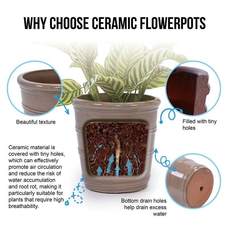 Handmade Glazed Ceramic Planter Set of 3, 16/13/10 Inch Diameter, Horizontal Rib Design