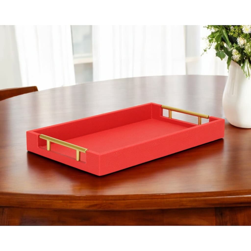 HomeRoots 16" Red Wood and Vinyl Faux Shagreen Handmade Serving Tray With Handles
