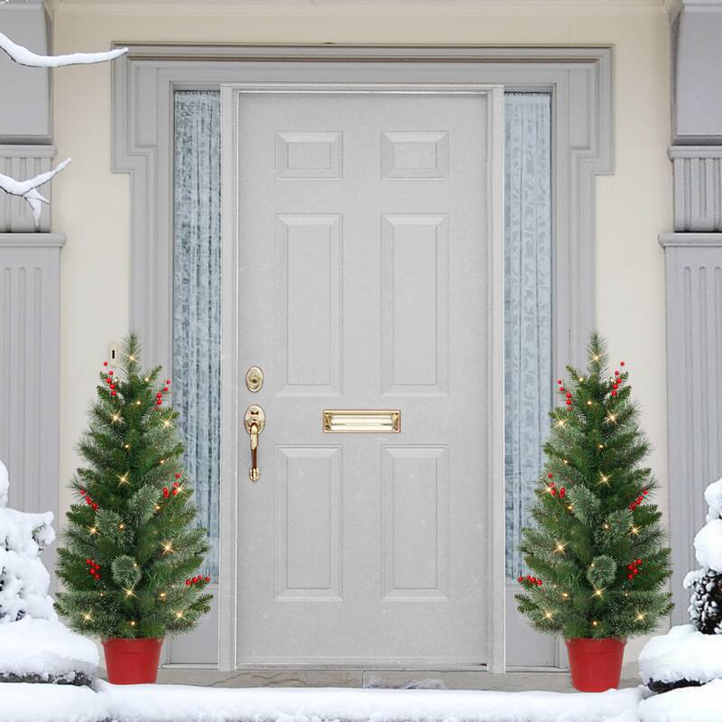 Puleo International Set of 2, 3.5 ft. Pre-Lit Decorated Potted Artificial Christmas Trees