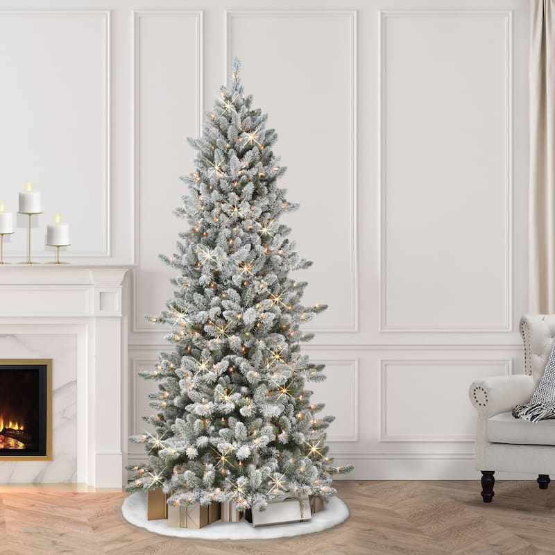 Puleo International 6.5 ft. Pre-Lit Slim Flocked Royal Majestic Artificial Spruce Tree with 300 Warm White LED Lights - Green