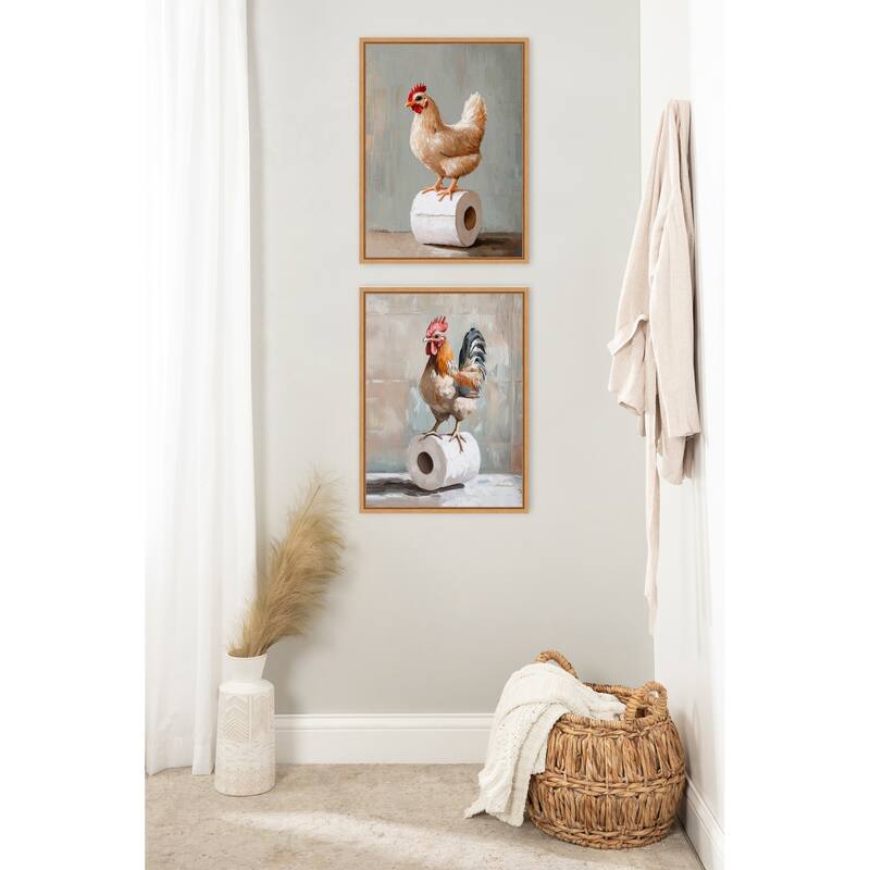Kate and Laurel Sylvie Chicken and Rooster Bathroom Art Framed Canvas Art Set by The Creative Bunch Studio