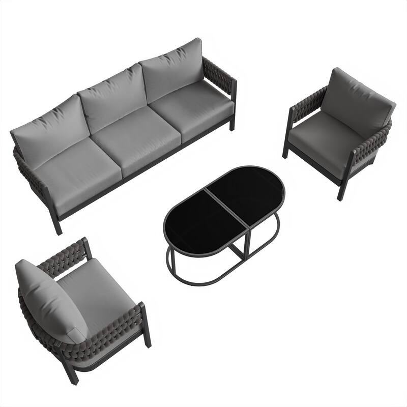 Kullavik 5-piece Aluminlum Frame Woven Rope Patio Sofa with Glass Table and Cushions
