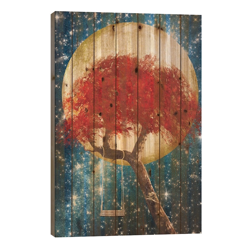 Swing Under A Golden Moonlight Print On Wood by Diogo Verissimo - Multi-Color - 26x18x1.5