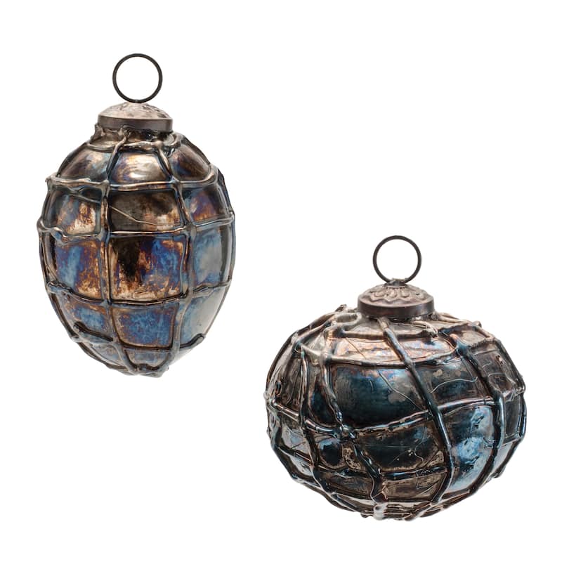 Glass Distressed Mercury Ornaments Set of 12 with Iridescent Finish - 4” x 4” x 3.5” (L x W x H) - Grey/Blue