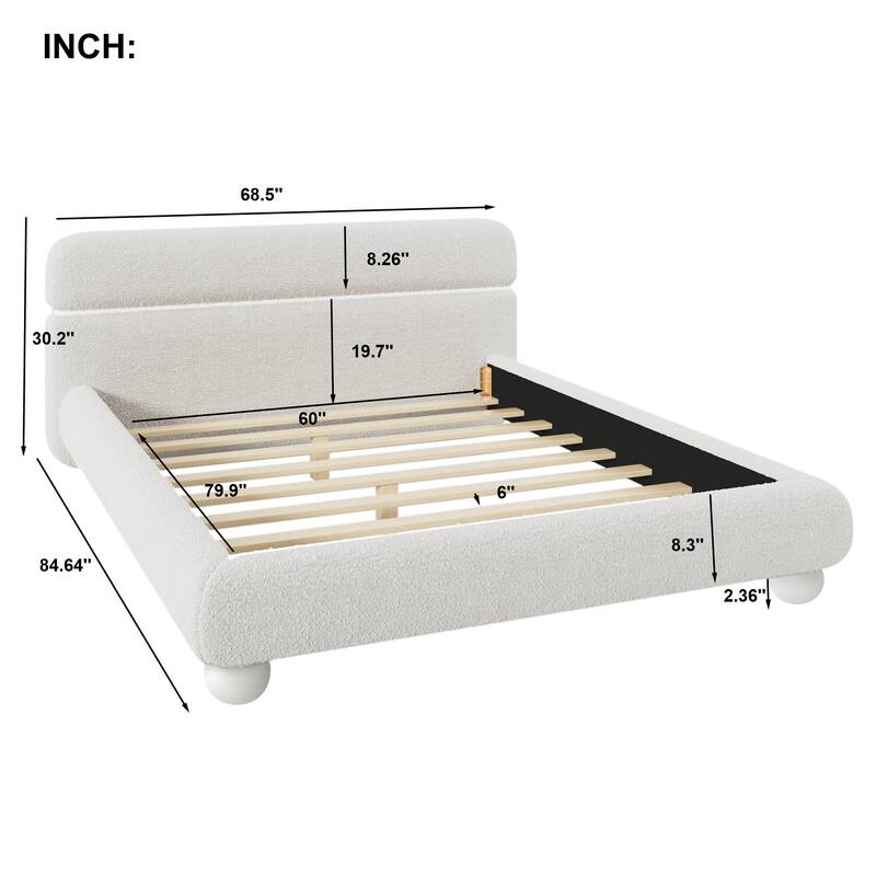 Curve-shaped Teddy Fleece Boucle Fabric Upholstered Bed Frame White Queen Size Low Profile Platform Bed Wood Slat Support Bed