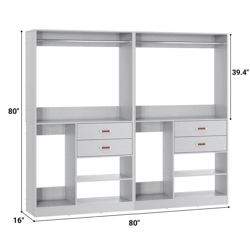 Set of 2 Freestanding Closet Organizer with Hanging Rods and Drawers, Closet System for Walk-in Closet