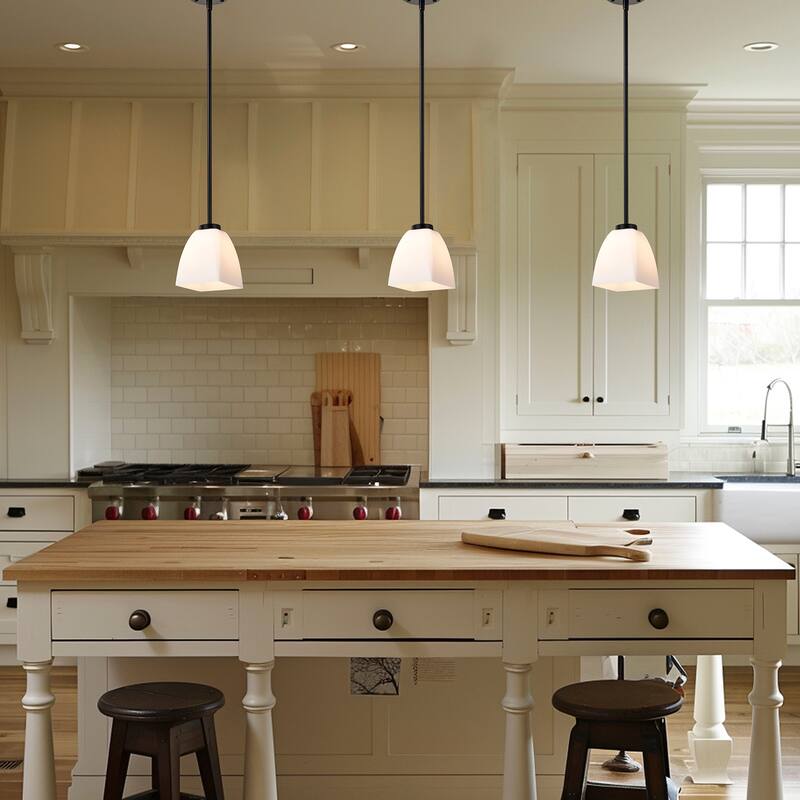 1-Light Matte Black Mini Pendant with Pyramid Shaped Etched White Glass Shade