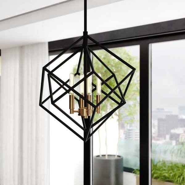 slide 2 of 9, Rad 4 Light Mid-Century Modern Geometric Cage Bulb Pendant Black and Natural Brass - 17.5-in. W x 24.25-in. H x 17.5-in. D