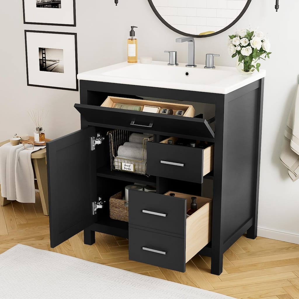Compact 30-Inch Black Bathroom Vanity with Ceramic Sink, 3 Storage Drawers, Soft-Close Doors, Adjustable Shelf