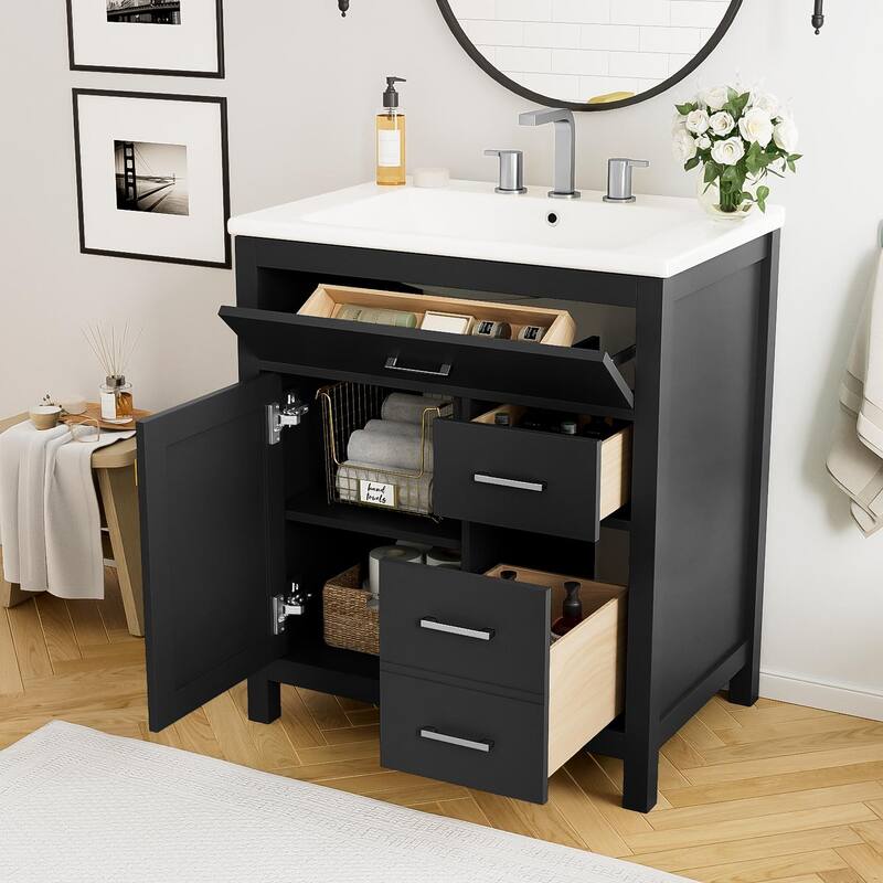 Modern 30-Inch Bathroom Vanity with Undermount Ceramic Sink, Solid Wood Frame, Adjustable Shelf & Storage Drawers