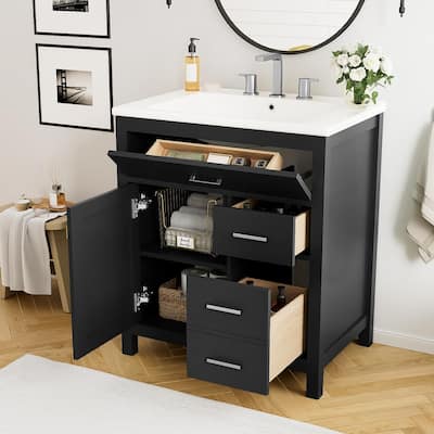 Modern 30-Inch Bathroom Vanity with Undermount Ceramic Sink, Solid Wood Frame, Adjustable Shelf & Storage Drawers