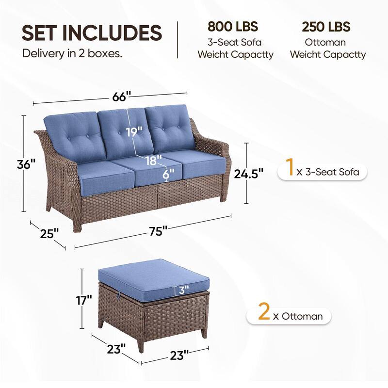 Outdoor 3-Seat Sofa with Ottomans