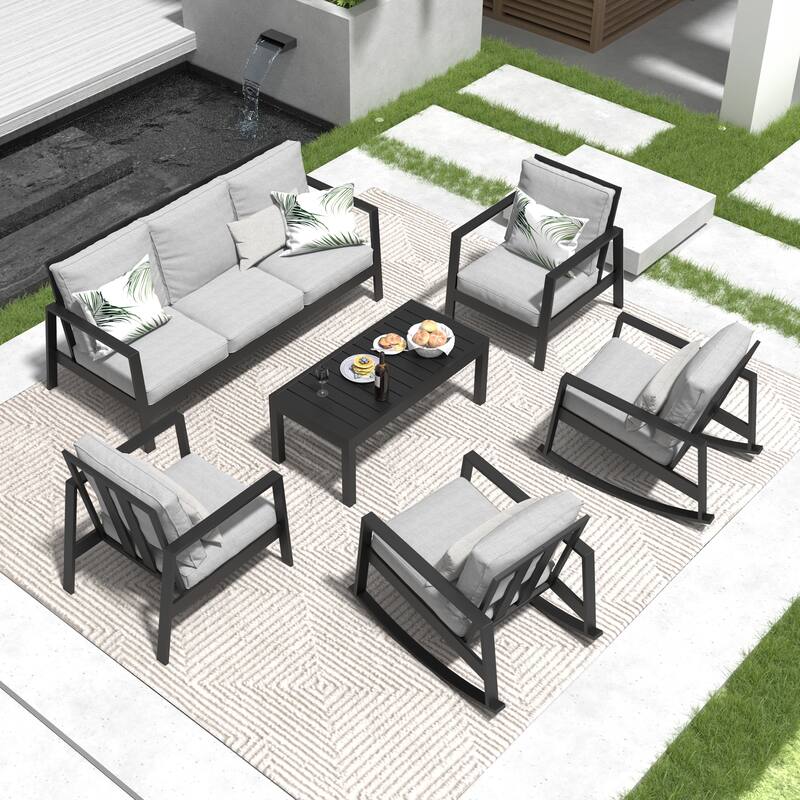 6-Piece Outdoor Sofa Seating Group With Rocking Chairs And Coffee Table - Grey