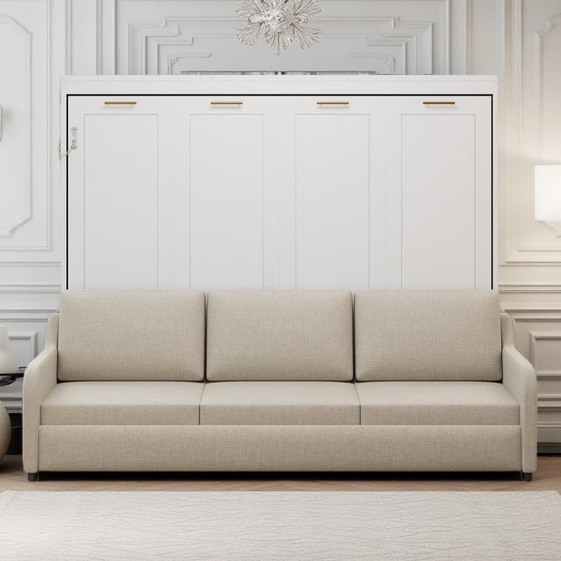 Murphy Cabinet Bed with Folding Sofa and Built-In Storage Shelves & LED Lights by Harper&Bright Designs - Queen